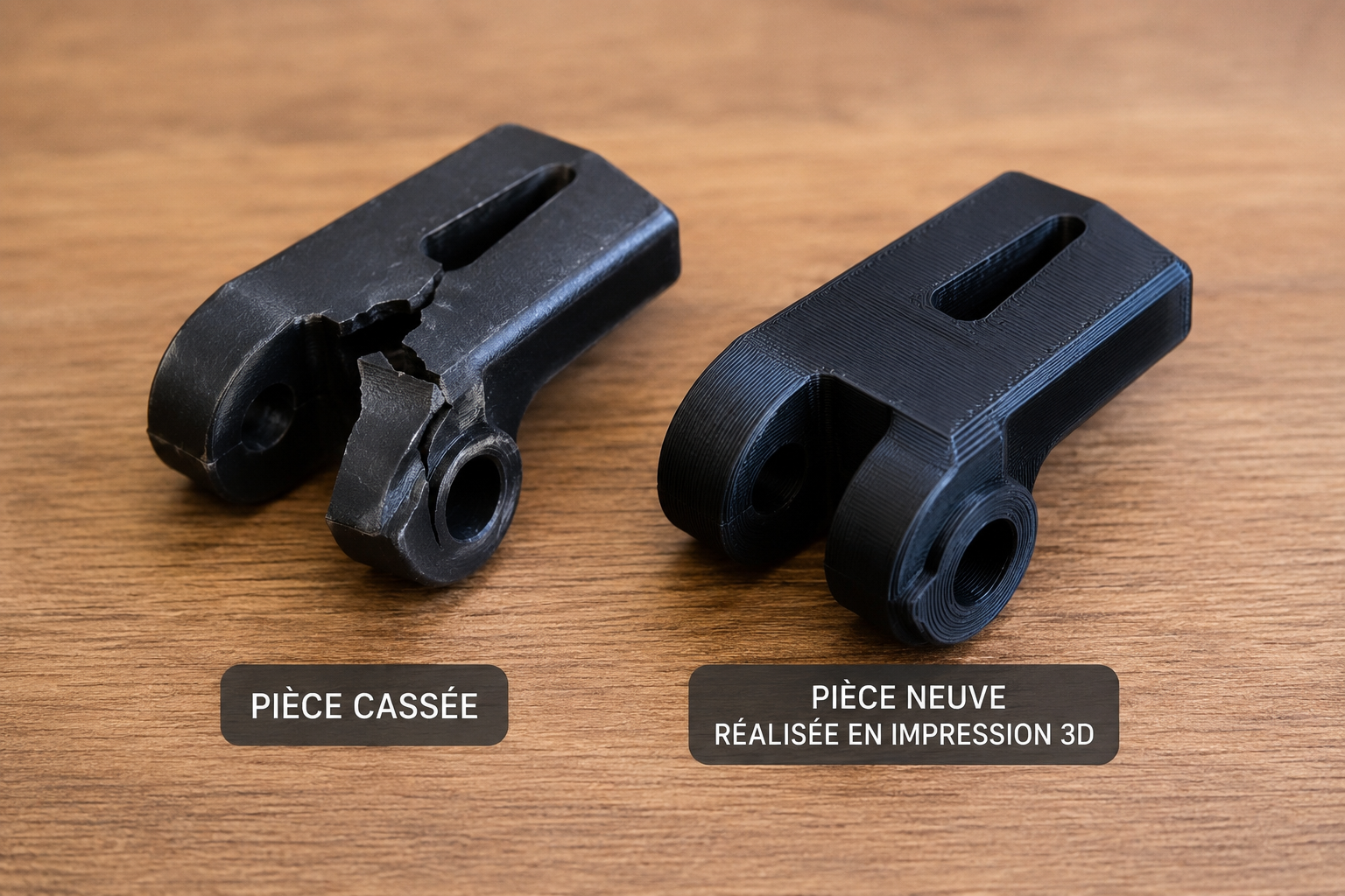 Pièce plastique cassée et pièce neuve reproduite en impression 3D